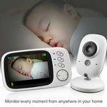 Baby monitor with screen displaying a baby and a camera on a dark background.