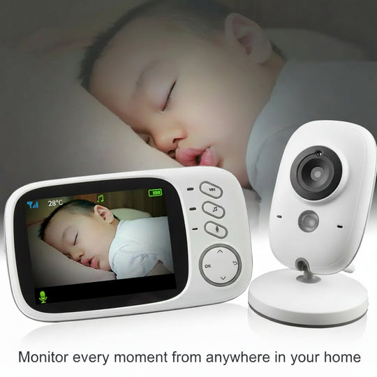 Baby monitor with screen displaying a baby and a camera on a dark background.