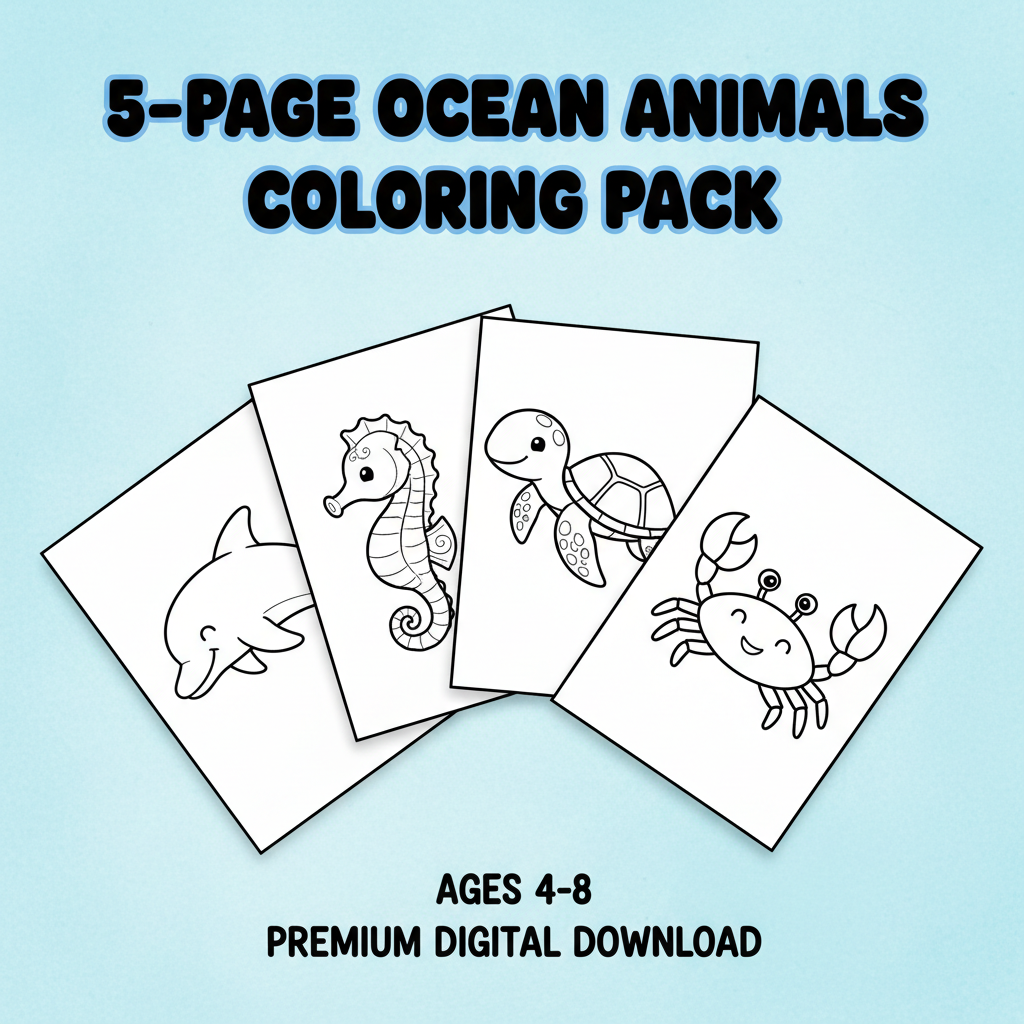 Ocean Animals 5-page coloring pack for kids ages 4-8