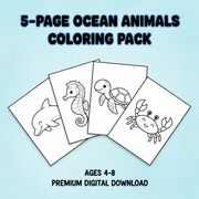 Ocean Animals 5-page coloring pack for kids ages 4-8