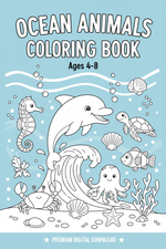 Ocean Animals Coloring Book printable instant download cover for kids ages 4-8