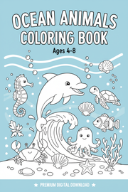 Ocean Animals Coloring Book printable instant download cover for kids ages 4-8