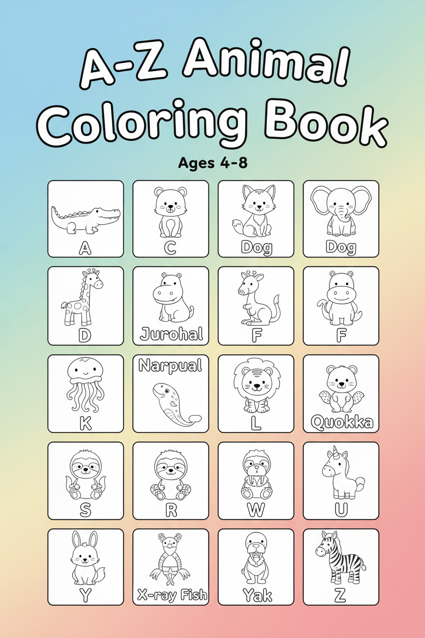 A-Z Animal Coloring Book printable instant download cover for kids ages 4-8